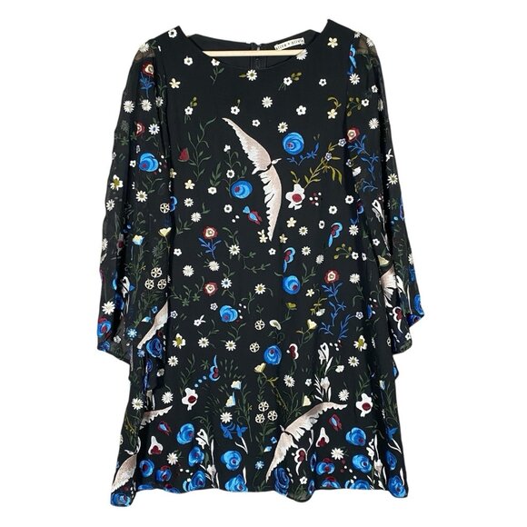 Alice + Olivia Eleonora Dress M Silk Embroidered Floral Bird Flare Sleeve Fairy - Picture 3 of 16